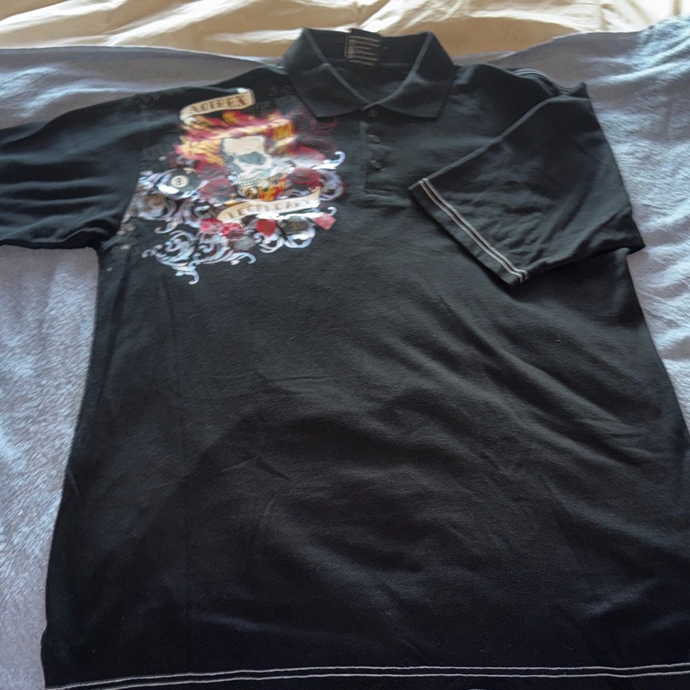 RARE Vintage Y2K Avirex "Legendary" Black Polo Shirt Skull & 8 Ball Graphic